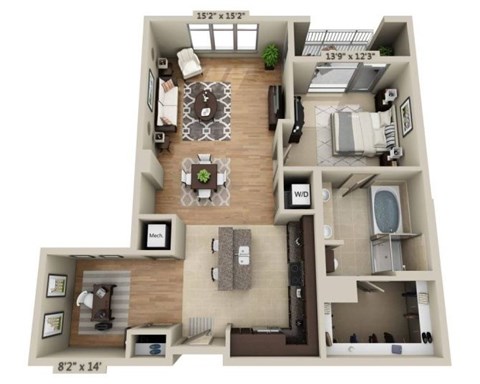 Floor plan for 1 bed, 1 bath, 1222 sqft