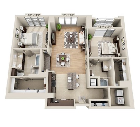 Floor plan for 2 beds, 2 baths, 1612 sqft