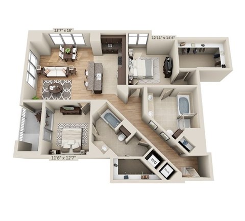 Floor plan for 2 beds, 2 baths, 1592 sqft