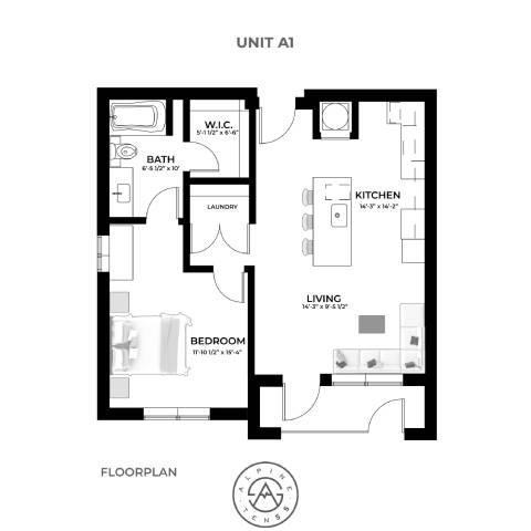 Floor plan for 1 bed, 1 bath, 700 sqft