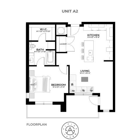 Floor plan for 1 bed, 1 bath, 765 sqft