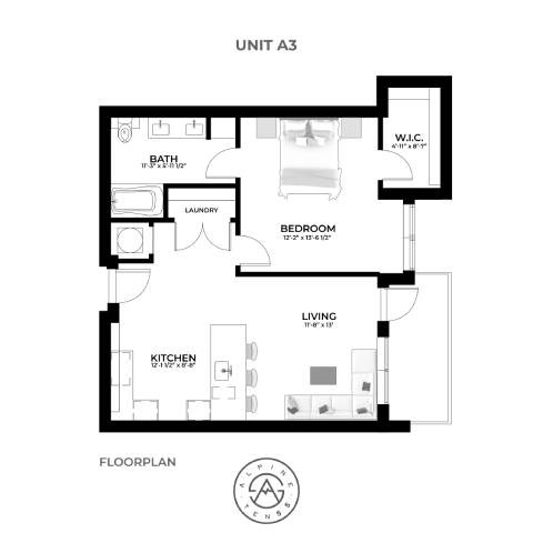 Floor plan for 1 bed, 1 bath, 771 sqft