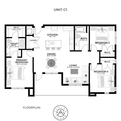 Floor plan for 3 beds, 2 baths, 1349 sqft