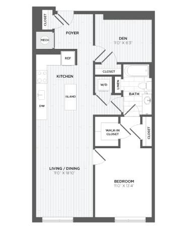 Floor plan for 1 bed, 1 bath, 968 sqft