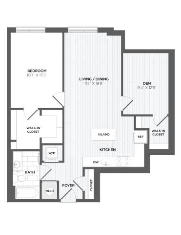 Floor plan for 1 bed, 1 bath, 994 sqft