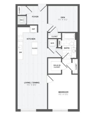Floor plan for 1 bed, 1 bath, 995 sqft
