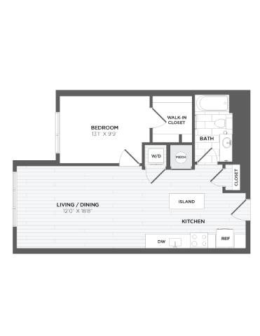 Floor plan for 1 bed, 1 bath, 718 sqft