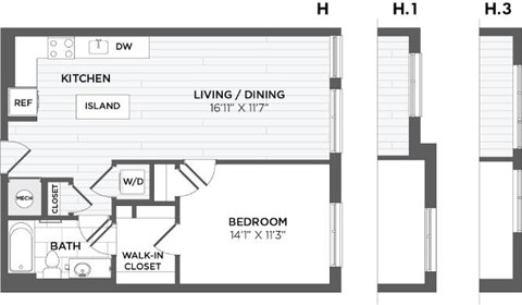 Floor plan for 1 bed, 1 bath, 729 sqft
