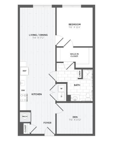 Floor plan for 1 bed, 1 bath, 1015 sqft