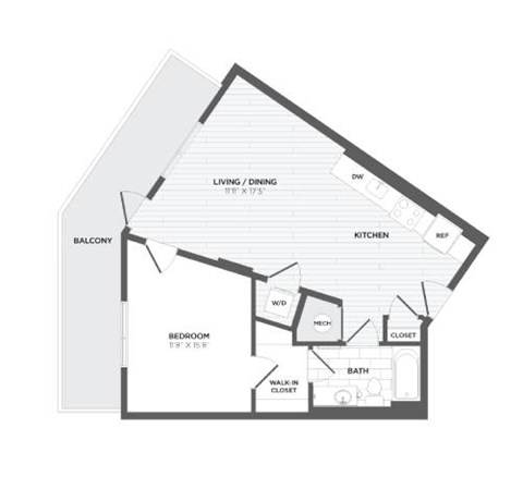 Floor plan for 1 bed, 1 bath, 731 sqft