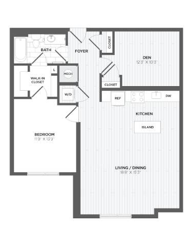 Floor plan for 1 bed, 1 bath, 1056 sqft