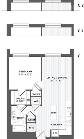Floor plan for 1 bed, 1 bath, 754 sqft