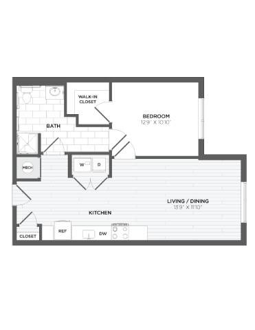 Floor plan for 1 bed, 1 bath, 759 sqft