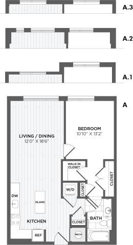 Floor plan for 1 bed, 1 bath, 787 sqft