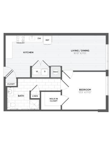 Floor plan for 1 bed, 1 bath, 791 sqft