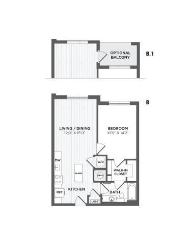 Floor plan for 1 bed, 1 bath, 809 sqft