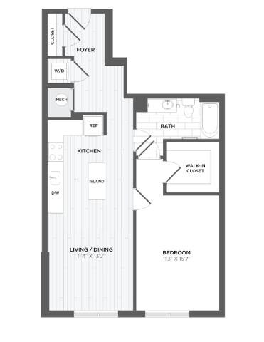 Floor plan for 1 bed, 1 bath, 850 sqft