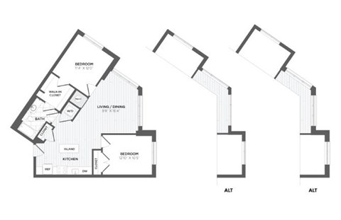 Floor plan for 2 beds, 1 bath, 957 sqft