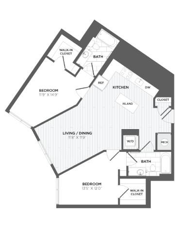 Floor plan for 2 beds, 2 baths, 1066 sqft