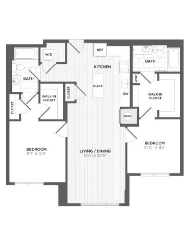 Floor plan for 2 beds, 2 baths, 1120 sqft