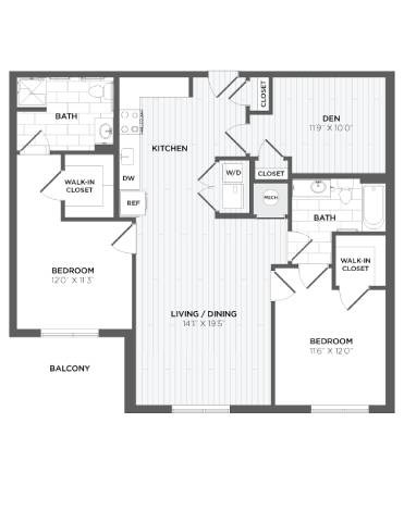 Floor plan for 2 beds, 2 baths, 1315 sqft