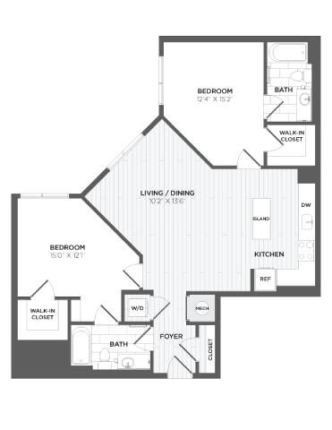 Floor plan for 2 beds, 2 baths, 1123 sqft