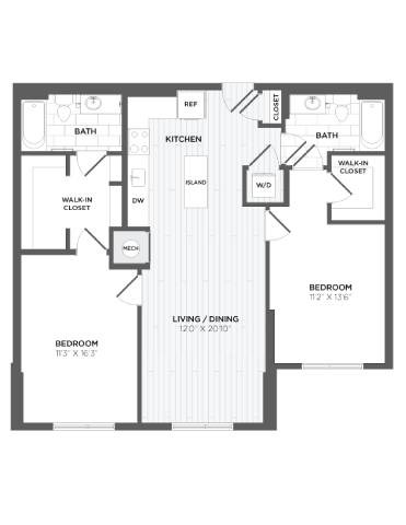 Floor plan for 2 beds, 2 baths, 1136 sqft
