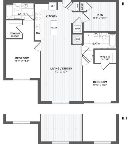 Floor plan for 2 beds, 2 baths, 1321 sqft
