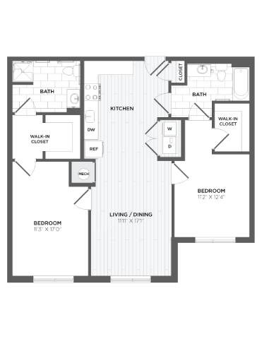Floor plan for 2 beds, 2 baths, 1142 sqft