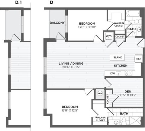 Floor plan for 2 beds, 2 baths, 1360 sqft