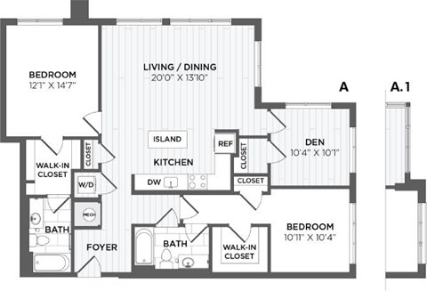 Floor plan for 2 beds, 2 baths, 1370 sqft