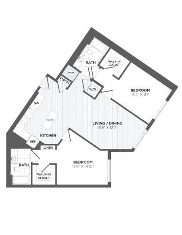 Floor plan for 2 beds, 2 baths, 1161 sqft