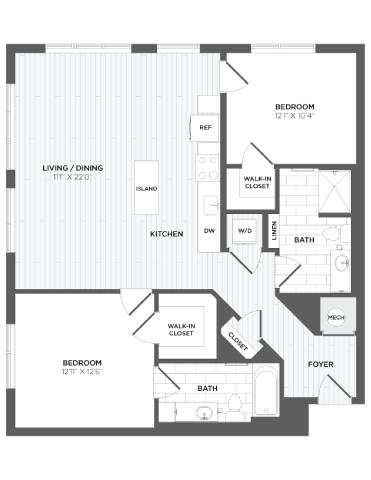 Floor plan for 2 beds, 2 baths, 1168 sqft