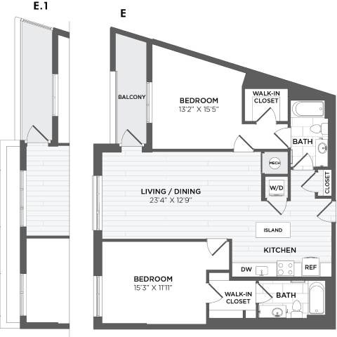 Floor plan for 2 beds, 2 baths, 1172 sqft