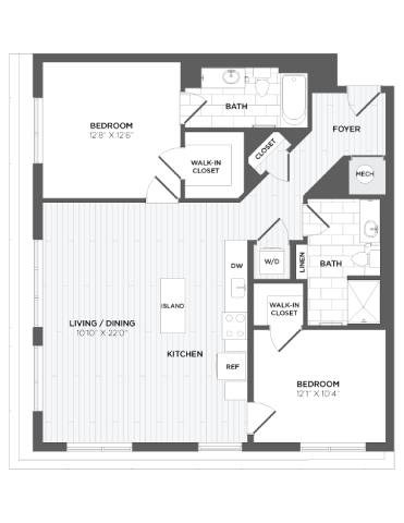 Floor plan for 2 beds, 2 baths, 1181 sqft