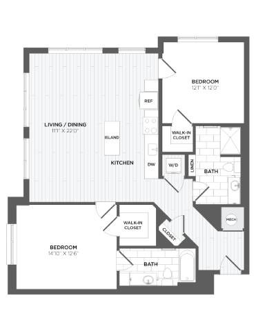 Floor plan for 2 beds, 2 baths, 1213 sqft