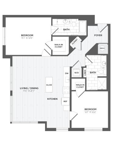 Floor plan for 2 beds, 2 baths, 1234 sqft