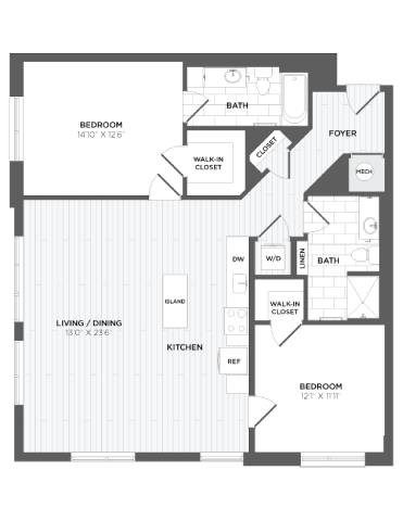 Floor plan for 2 beds, 2 baths, 1308 sqft