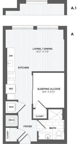 Floor plan for studio, 1 bath, 569 sqft