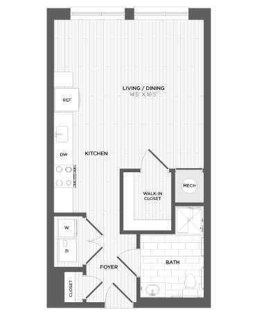 Floor plan for studio, 1 bath, 569 sqft