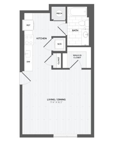 Floor plan for studio, 1 bath, 598 sqft