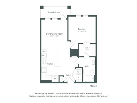 Floor plan for 1 bed, 1 bath, 749 sqft