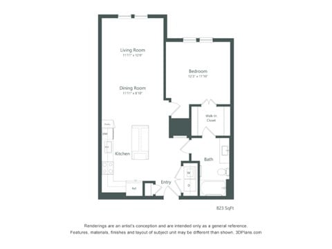 Floor plan for 1 bed, 1 bath, 823 sqft