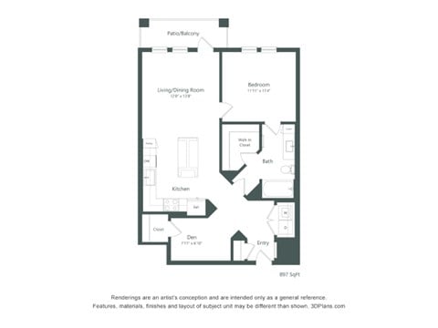 Floor plan for 1 bed, 1 bath, 897 sqft