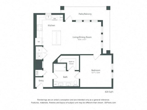 Floor plan for 1 bed, 1 bath, 828 sqft