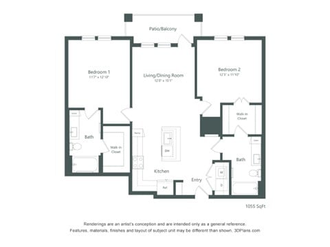 Floor plan for 2 beds, 2 baths, 1055 sqft
