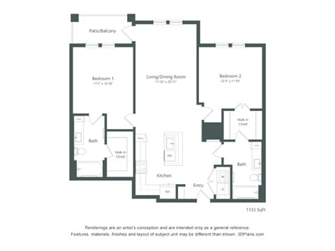 Floor plan for 2 beds, 2 baths, 1133 sqft