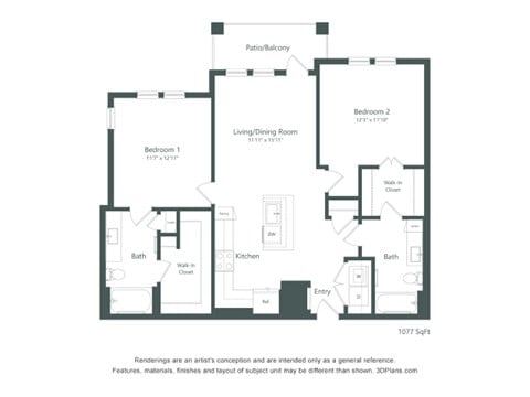 Floor plan for 2 beds, 2 baths, 1077 sqft