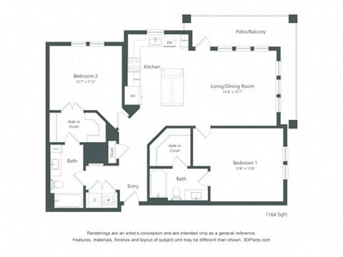 Floor plan for 2 beds, 2 baths, 1164 sqft