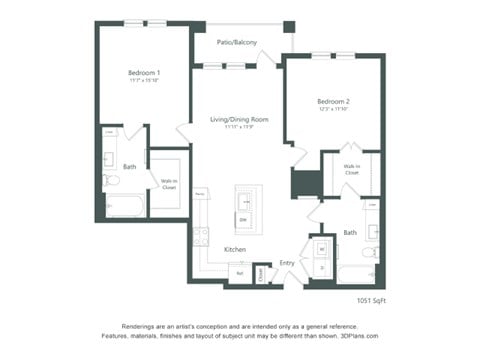 Floor plan for 2 beds, 2 baths, 1051 sqft
